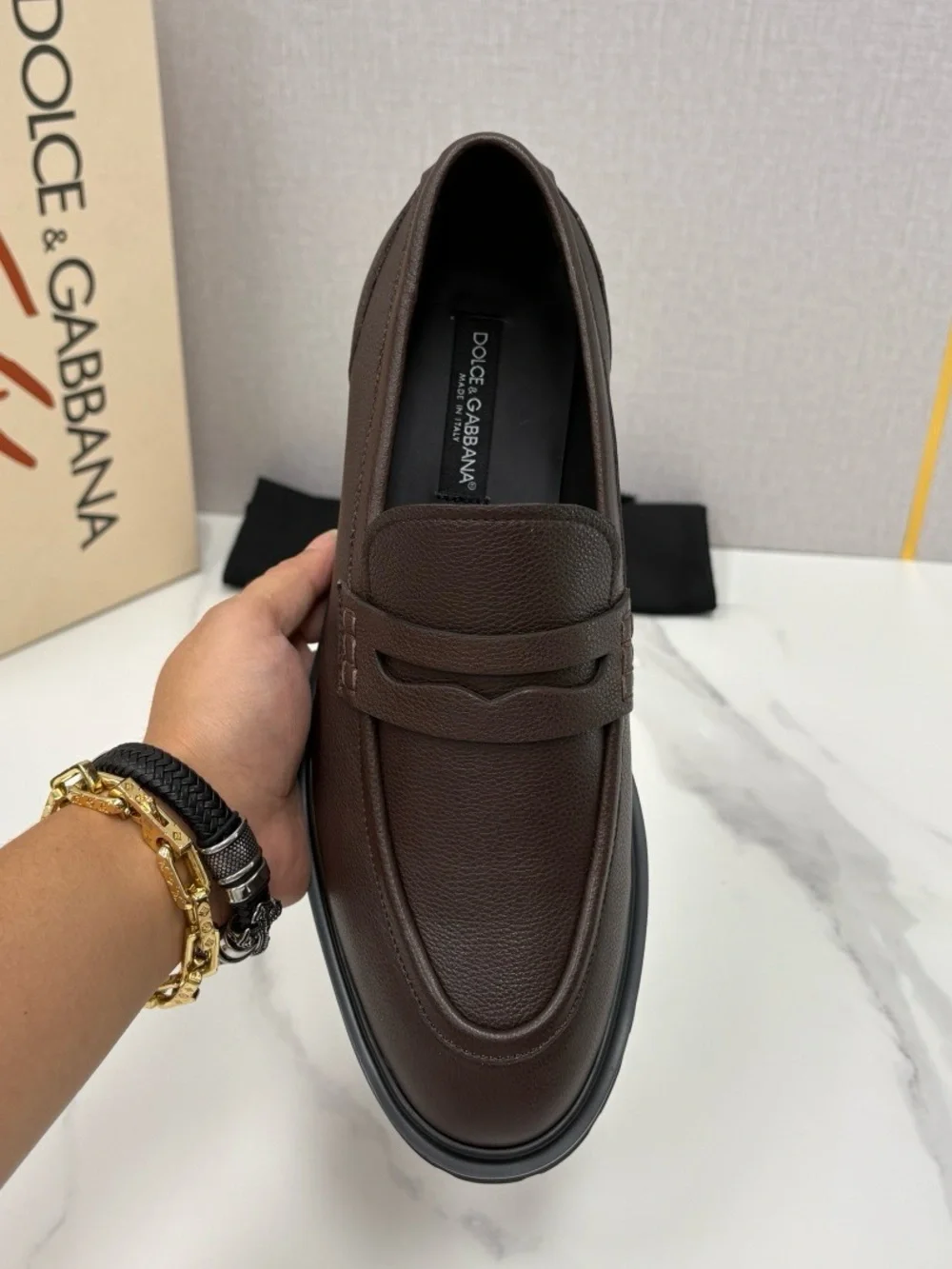 Dolce & Gabbana Men’s Brown Pebbled Leather Penny Loafers